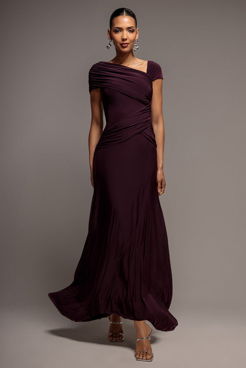 Asymmetric Neck Gathered Waist Maxi Dress - Burgundy by Goddiva