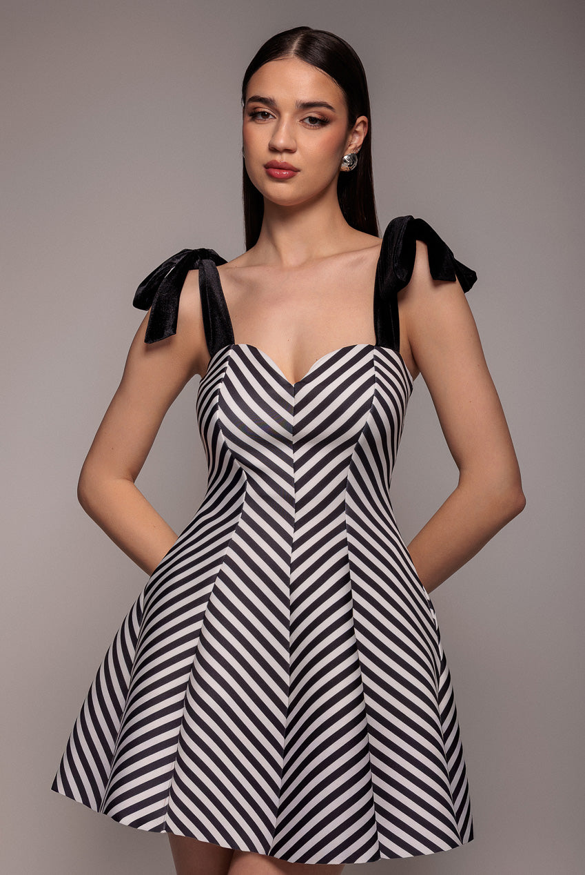 Diagonal Stripe Velvet Bow A Line Mini Dress - Black White DR5098