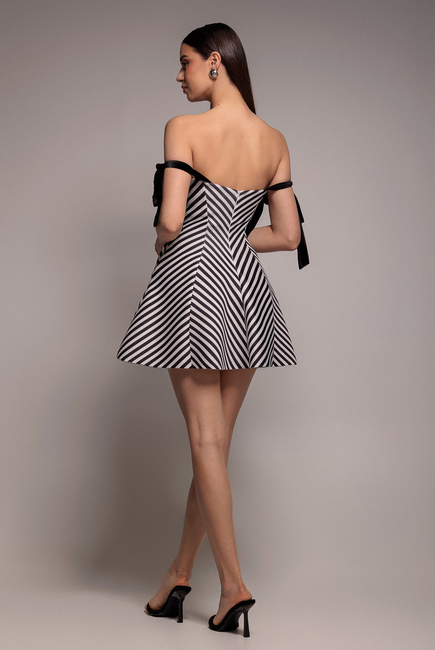 Diagonal Stripe Velvet Bow A Line Mini Dress - Black White DR5098
