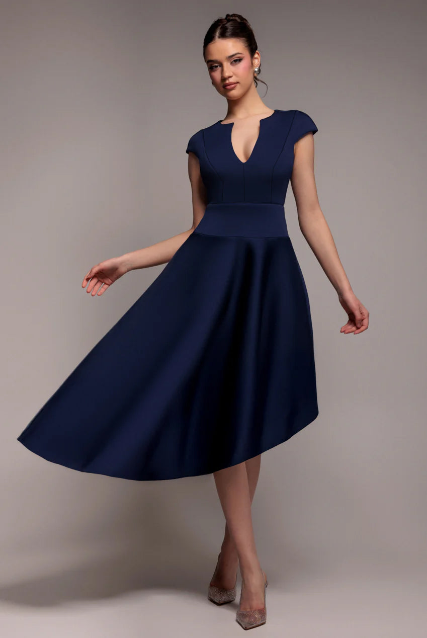 Cap Sleeve Skater High Low Midi Dress - Navy Blue DR5100