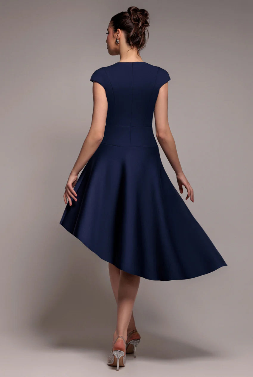 Cap Sleeve Skater High Low Midi Dress - Navy Blue DR5100