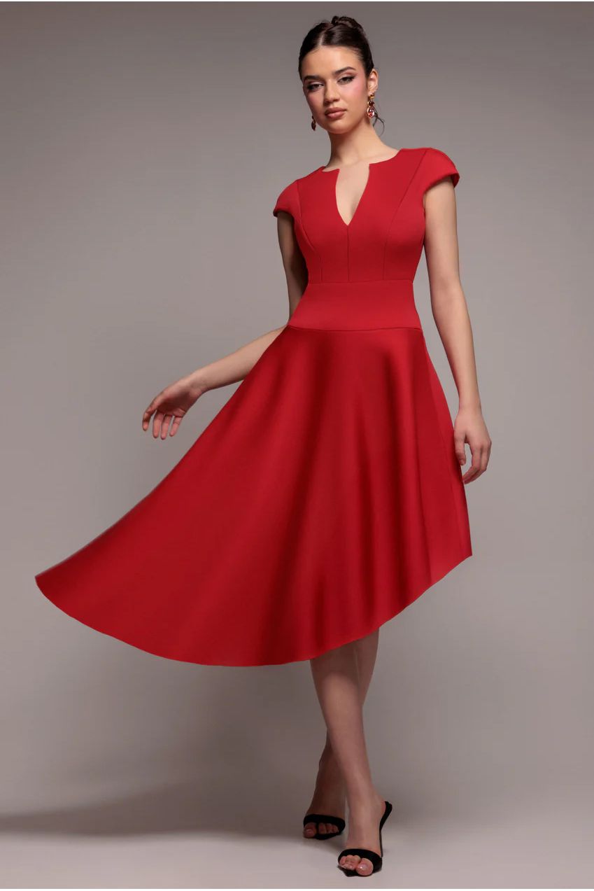Cap Sleeve Skater High Low Midi Dress - Red DR5100
