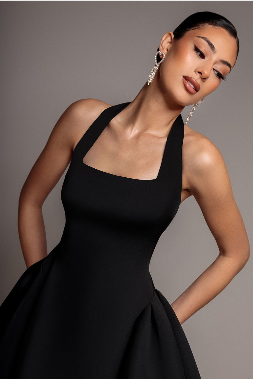 Corset Fit And Flare Halter Neck Skater Mini Dress - Black DR5107