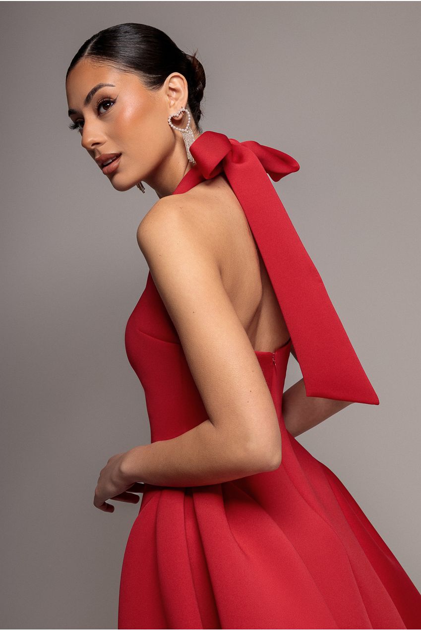 Corset Fit And Flare Halter Neck Skater Mini Dress - Red DR5107