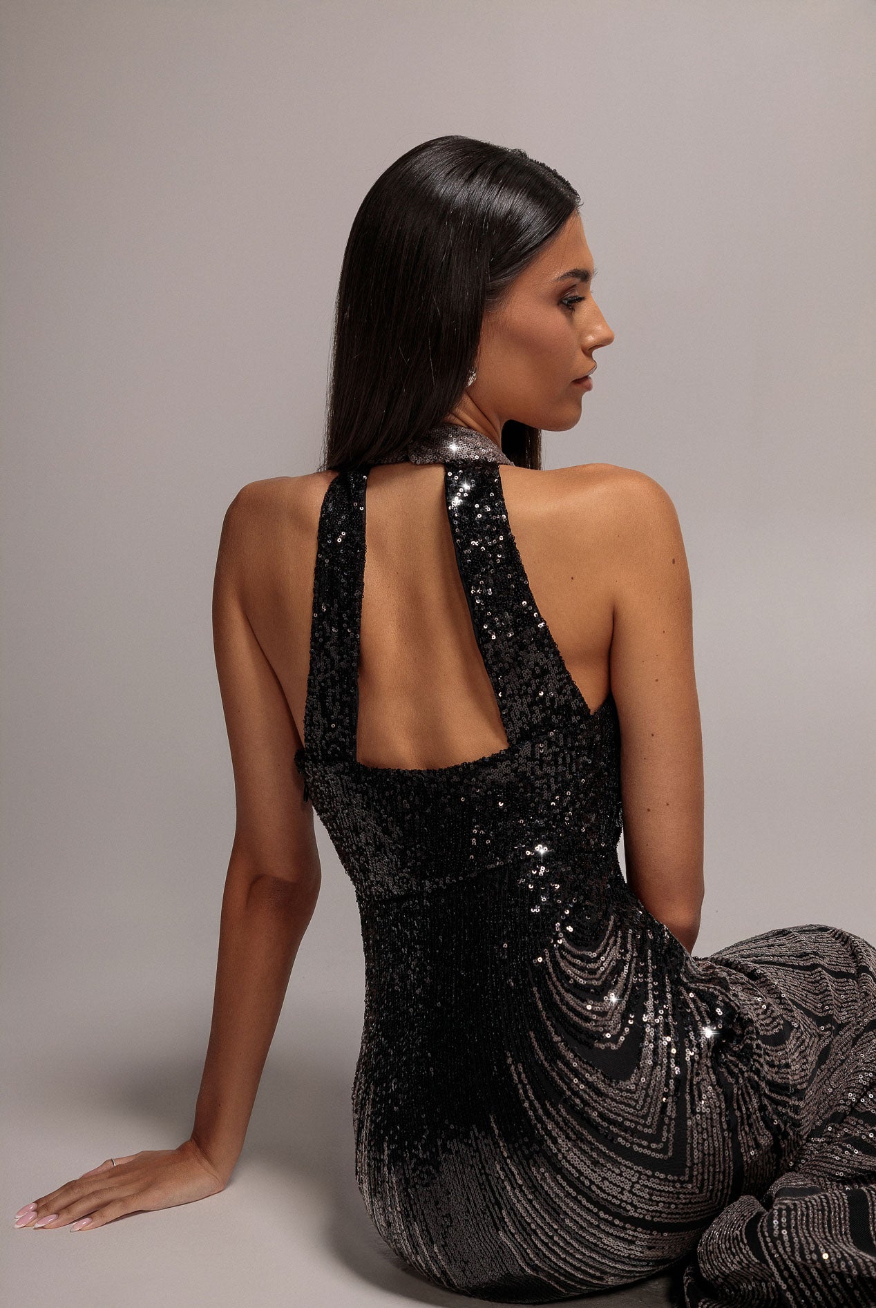 Ombre Sequin Mosaic Halter Neck Maxi Dress - Black DR5110