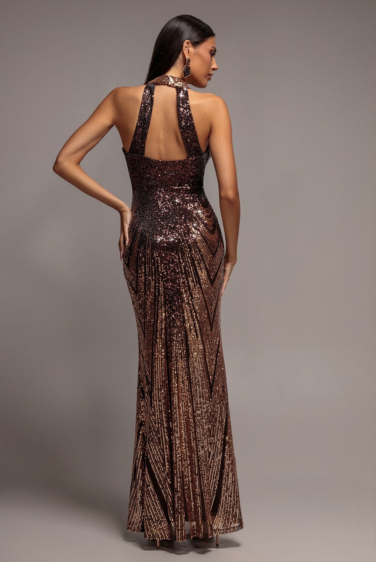 Ombre Sequin Mosaic Halter Neck Maxi Dress - Brown DR5110