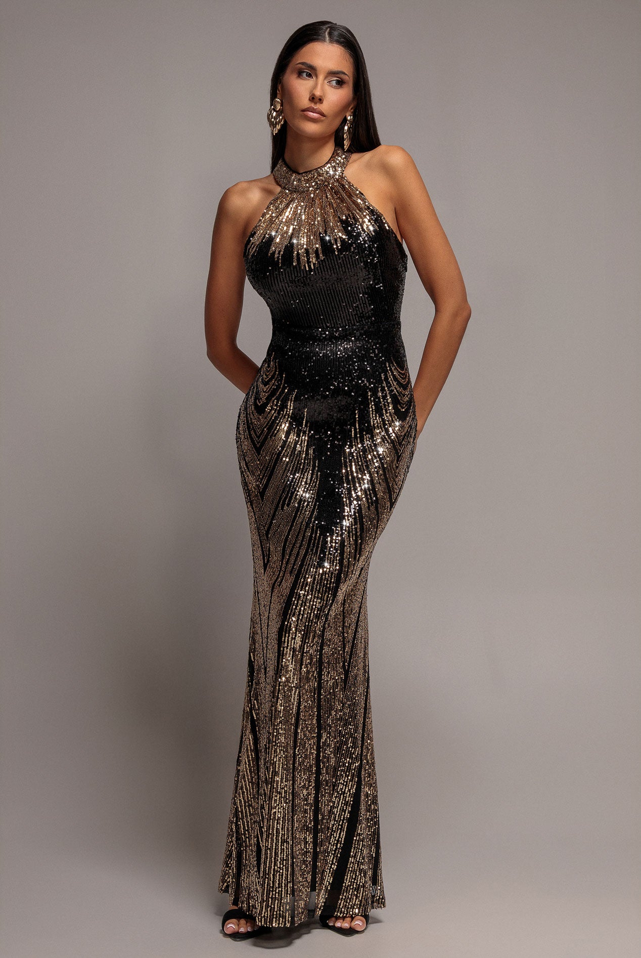 Ombre Sequin Mosaic Halter Neck Maxi Dress - Gold DR5110