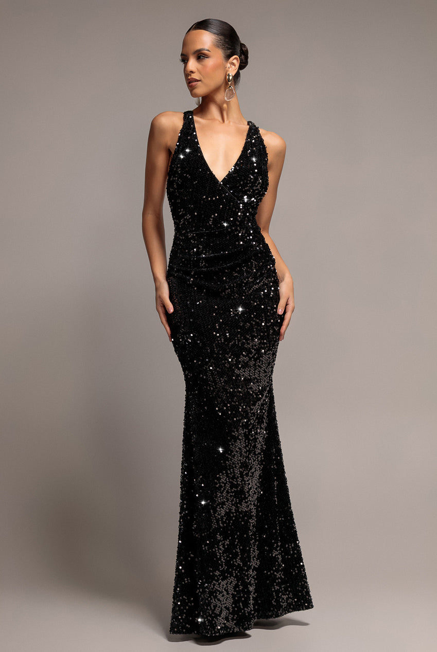 Sequin & Velvet V Neck Cross Back Maxi Dress - Black DR5111