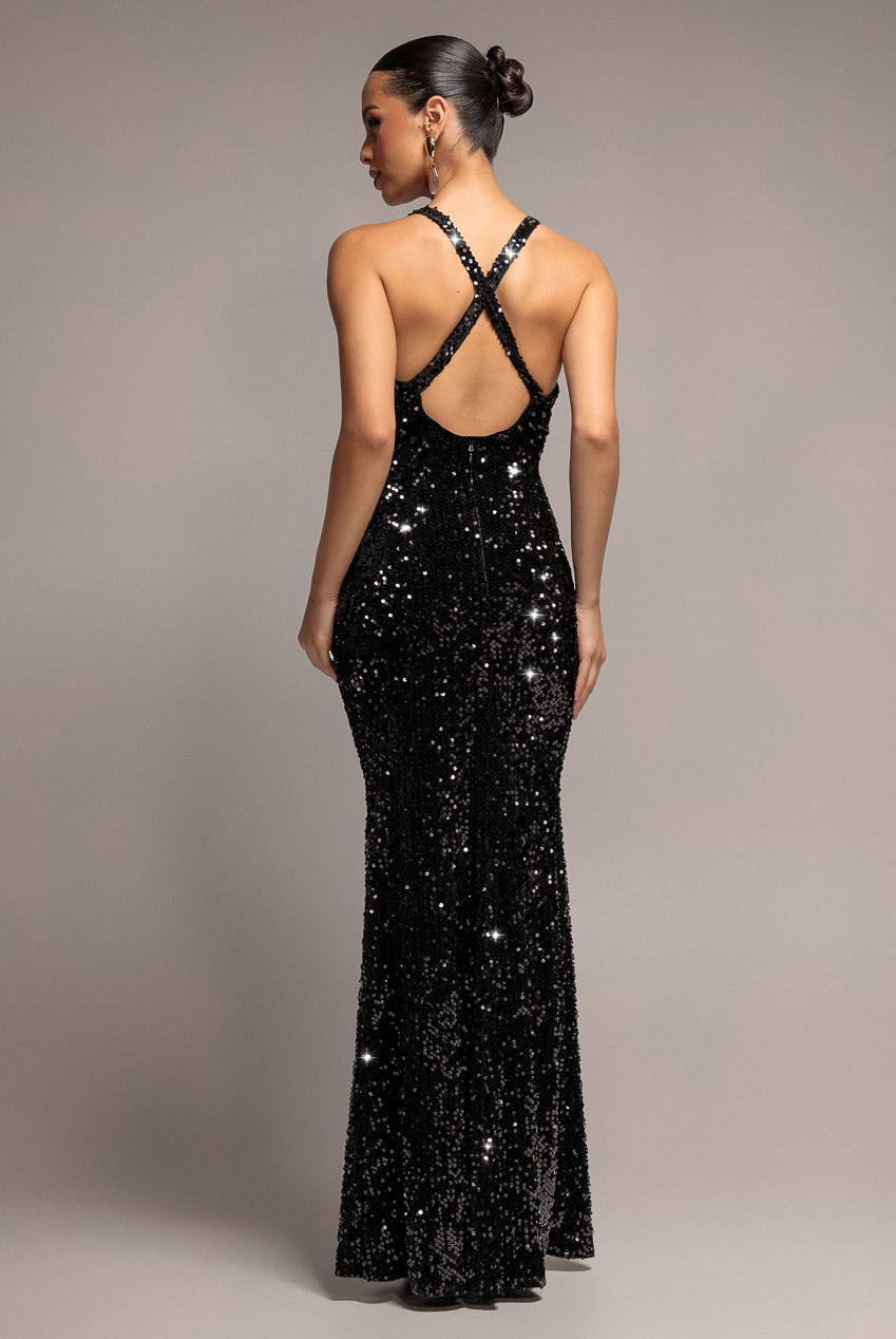 Sequin & Velvet V Neck Cross Back Maxi Dress - Black DR5111