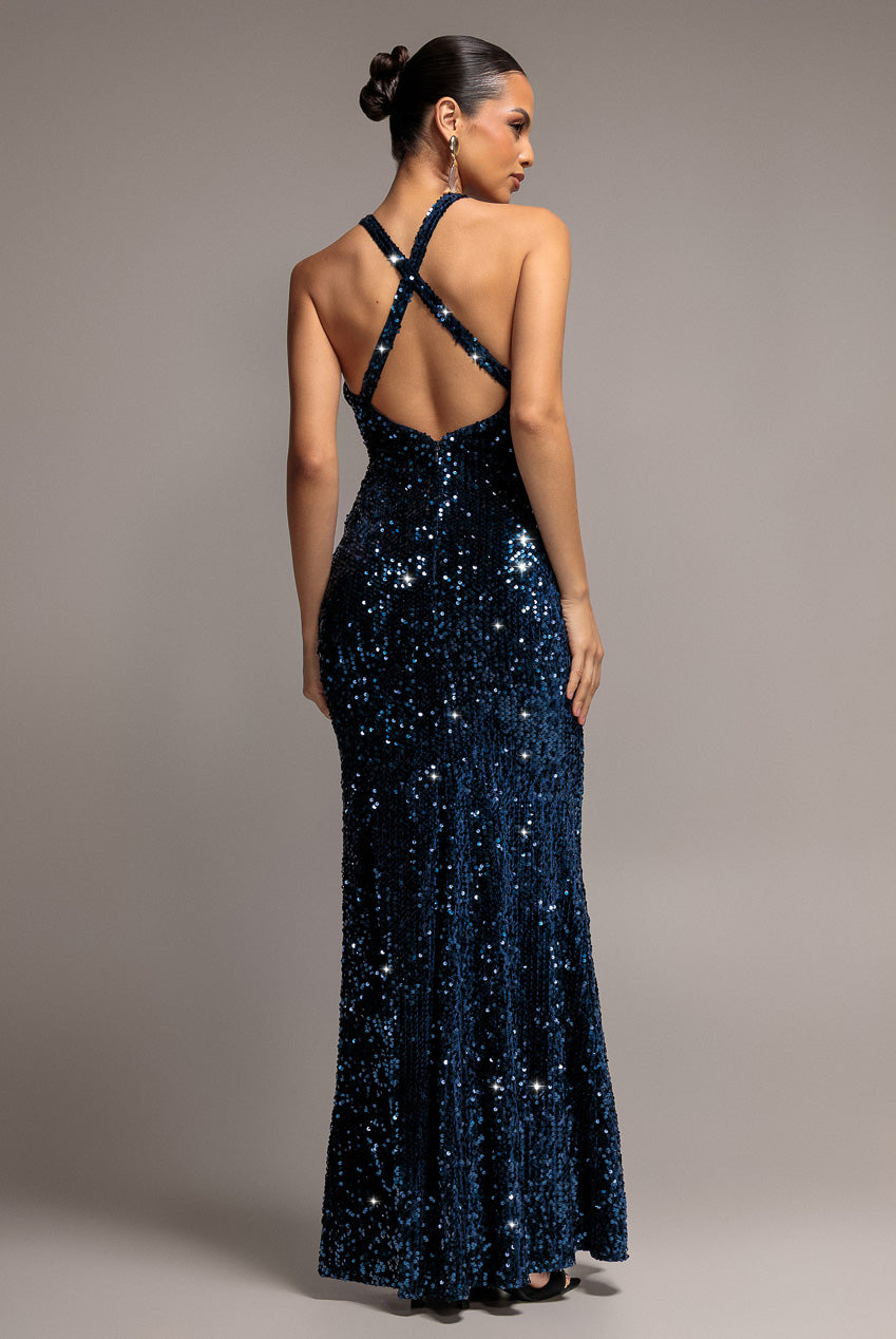 Sequin & Velvet V Neck Cross Back Maxi Dress - Navy Blue DR5111