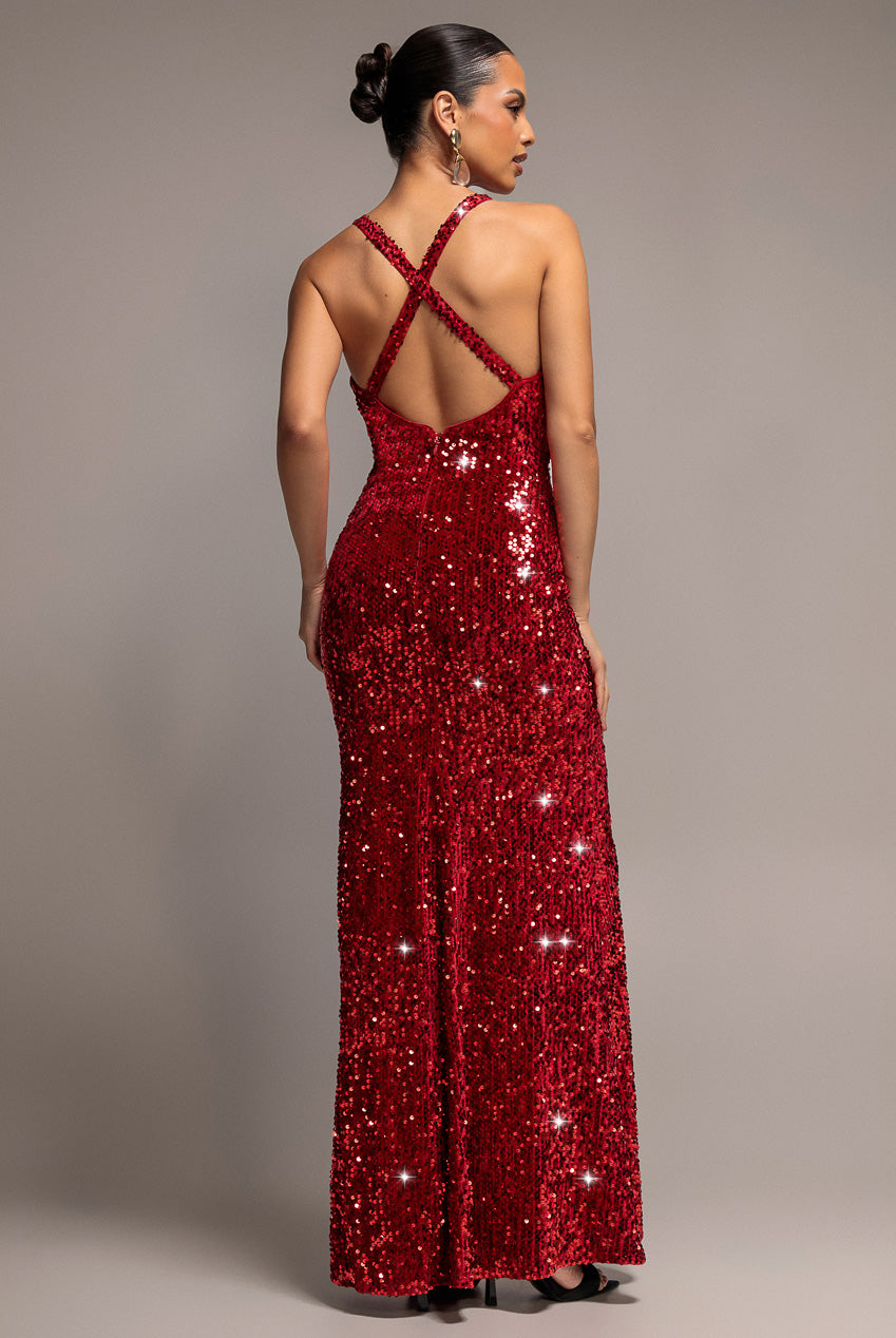 Sequin & Velvet V Neck Cross Back Maxi Dress - Red DR5111