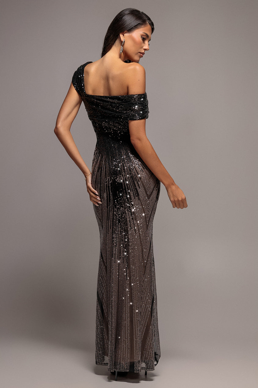 Ombre Sequin One Shoulder Bardot Maxi Dress - Black DR5113