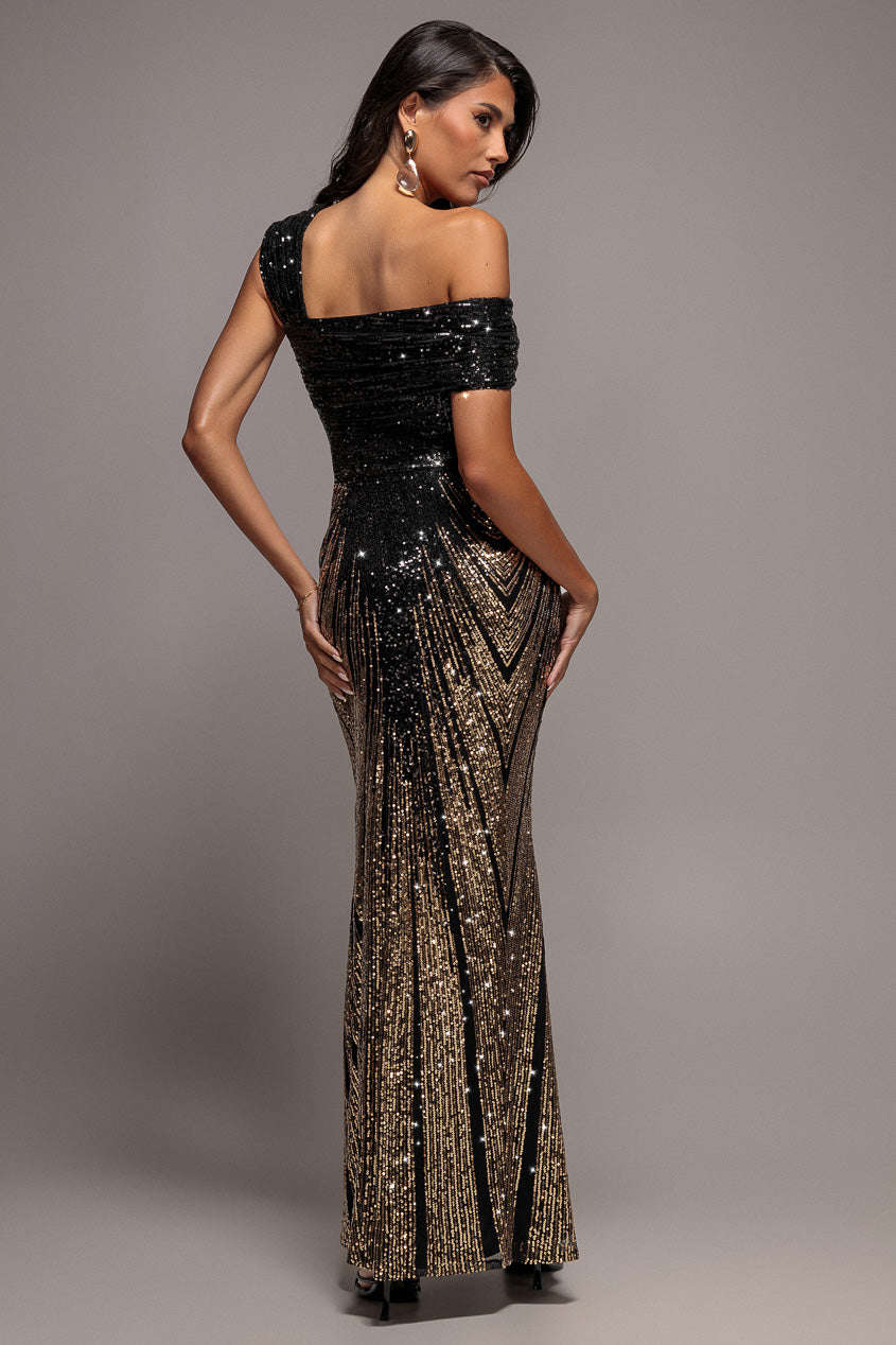 Ombre Sequin One Shoulder Bardot Maxi Dress - Gold DR5113