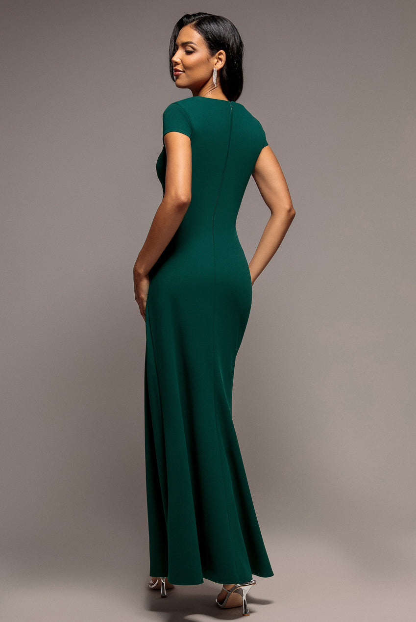 Cap Sleeve Pleated Asymmetric Maxi Dress - Emerald Green DR5115