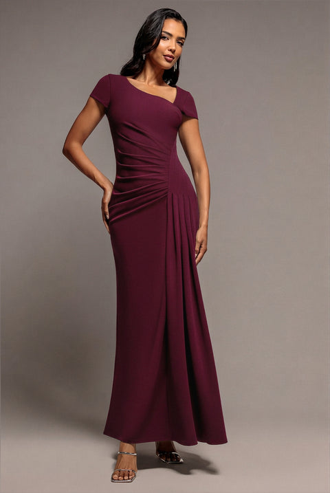Cap Sleeve Pleated Asymmetric Maxi Dress - Plum by Goddiva