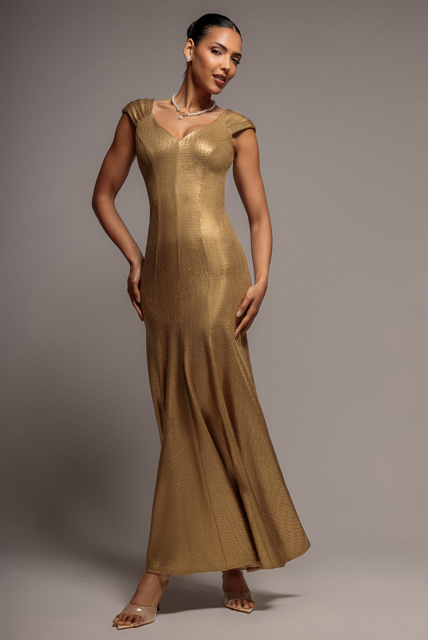 Capped Sleeve V Neck Pleated Fit & Flare Maxi Dress - Gold DR5117