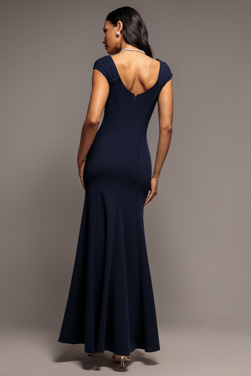 Capped Sleeve V Neck Pleated Fit & Flare Maxi Dress - Navy Blue DR5117
