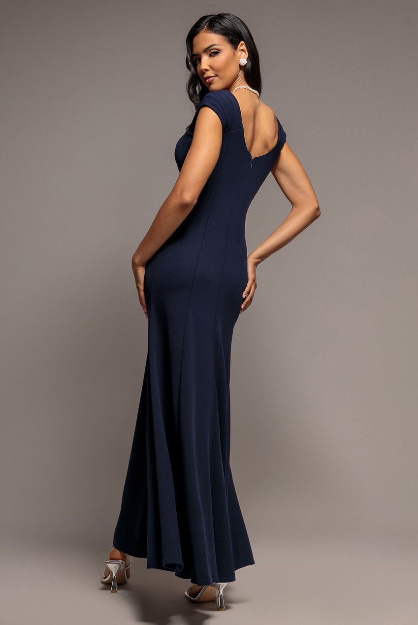 Capped Sleeve V Neck Pleated Fit & Flare Maxi Dress - Navy Blue DR5117