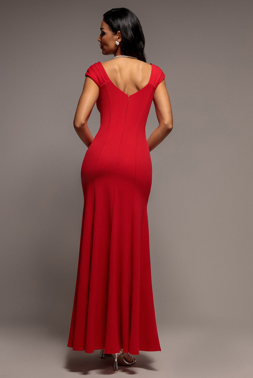 Capped Sleeve V Neck Pleated Fit & Flare Maxi Dress - Red DR5117