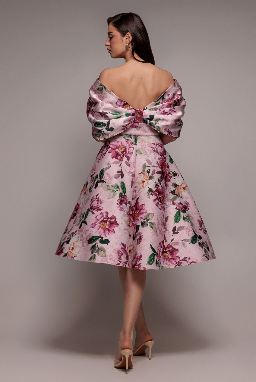 Off Shoulder Floral Bow Back A Line Midi Dress - Blush Pink DR5120