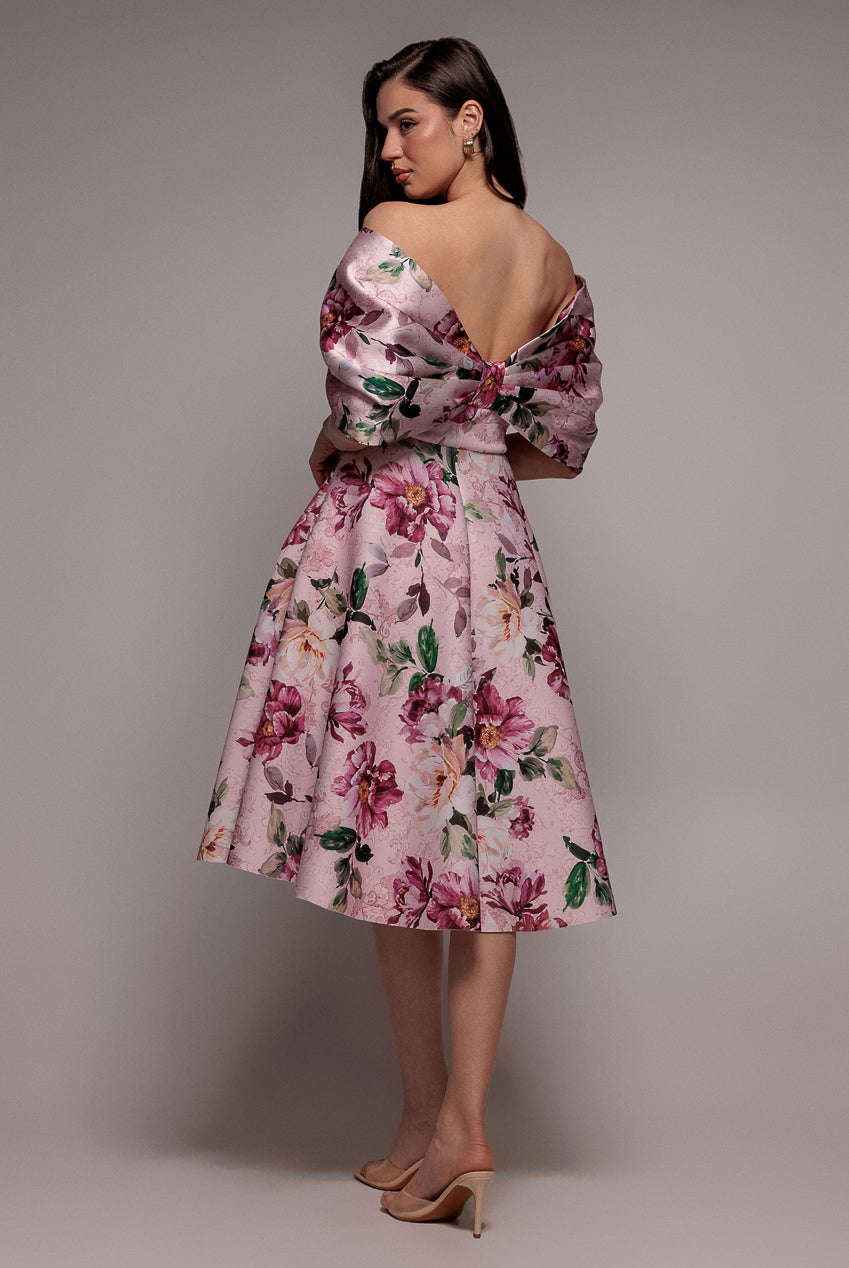Off Shoulder Floral Bow Back A Line Midi Dress - Blush Pink DR5120