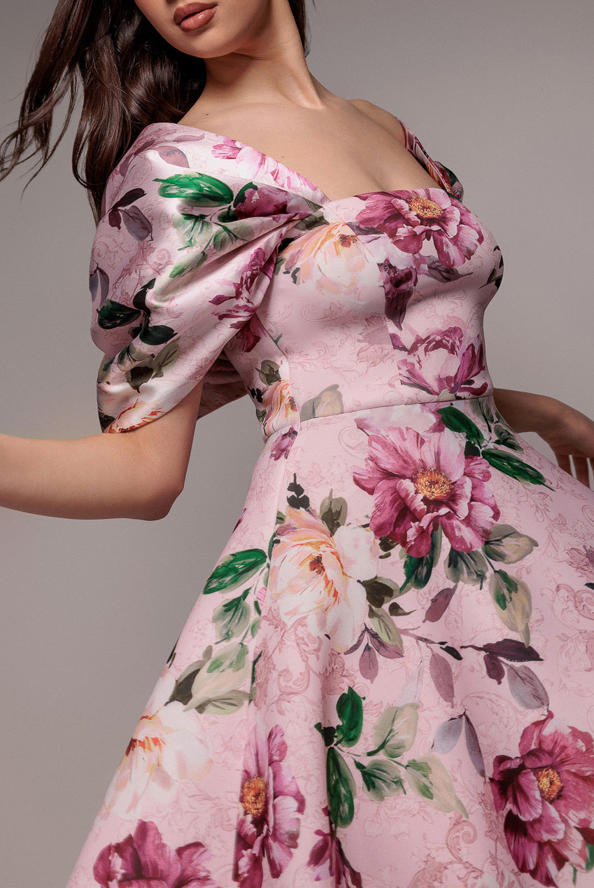 Off Shoulder Floral Bow Back A Line Midi Dress - Blush Pink DR5120