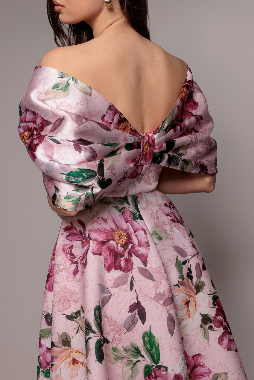Off Shoulder Floral Bow Back A Line Midi Dress - Blush Pink DR5120