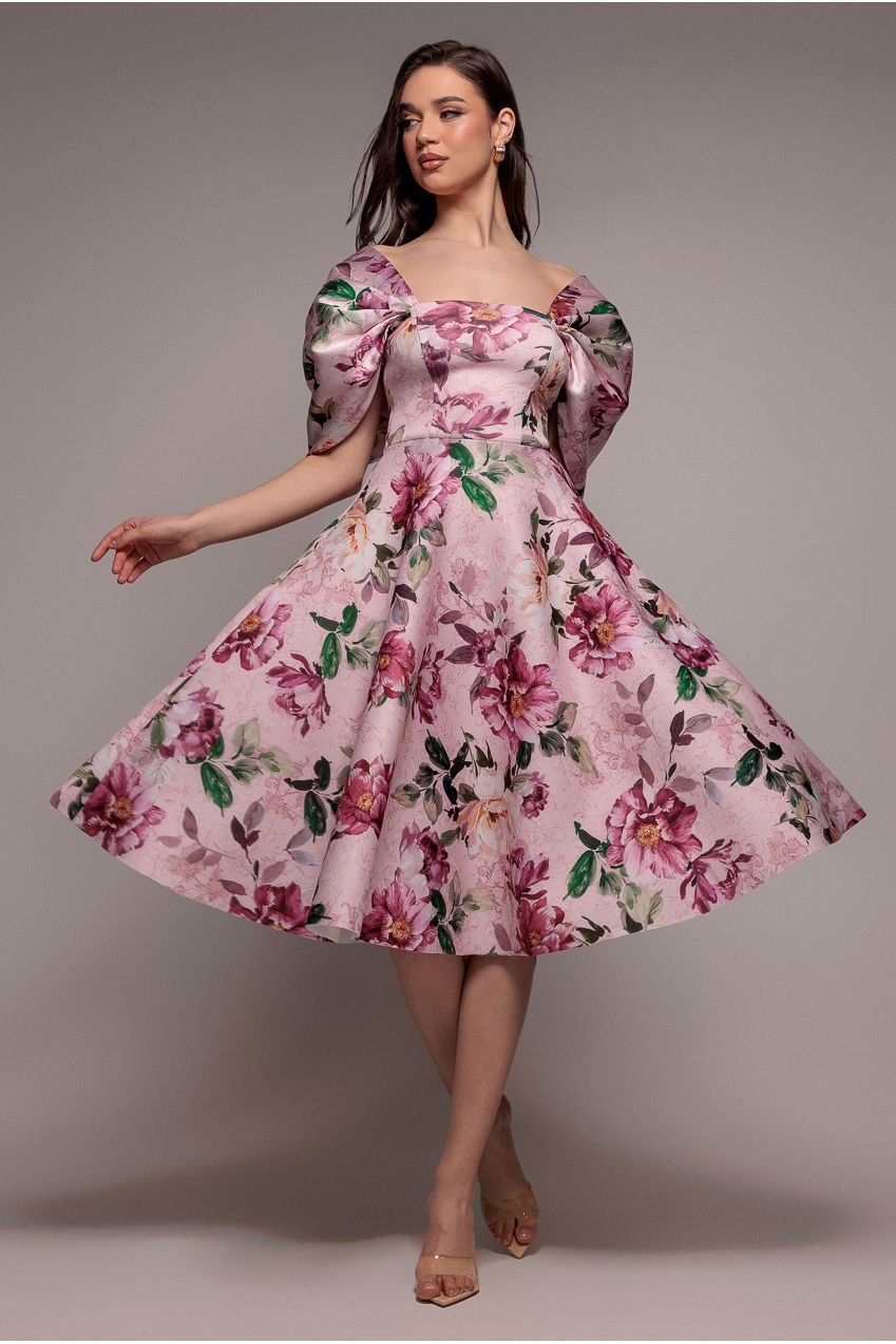 Off Shoulder Floral Bow Back A Line Midi Dress - Blush Pink DR5120
