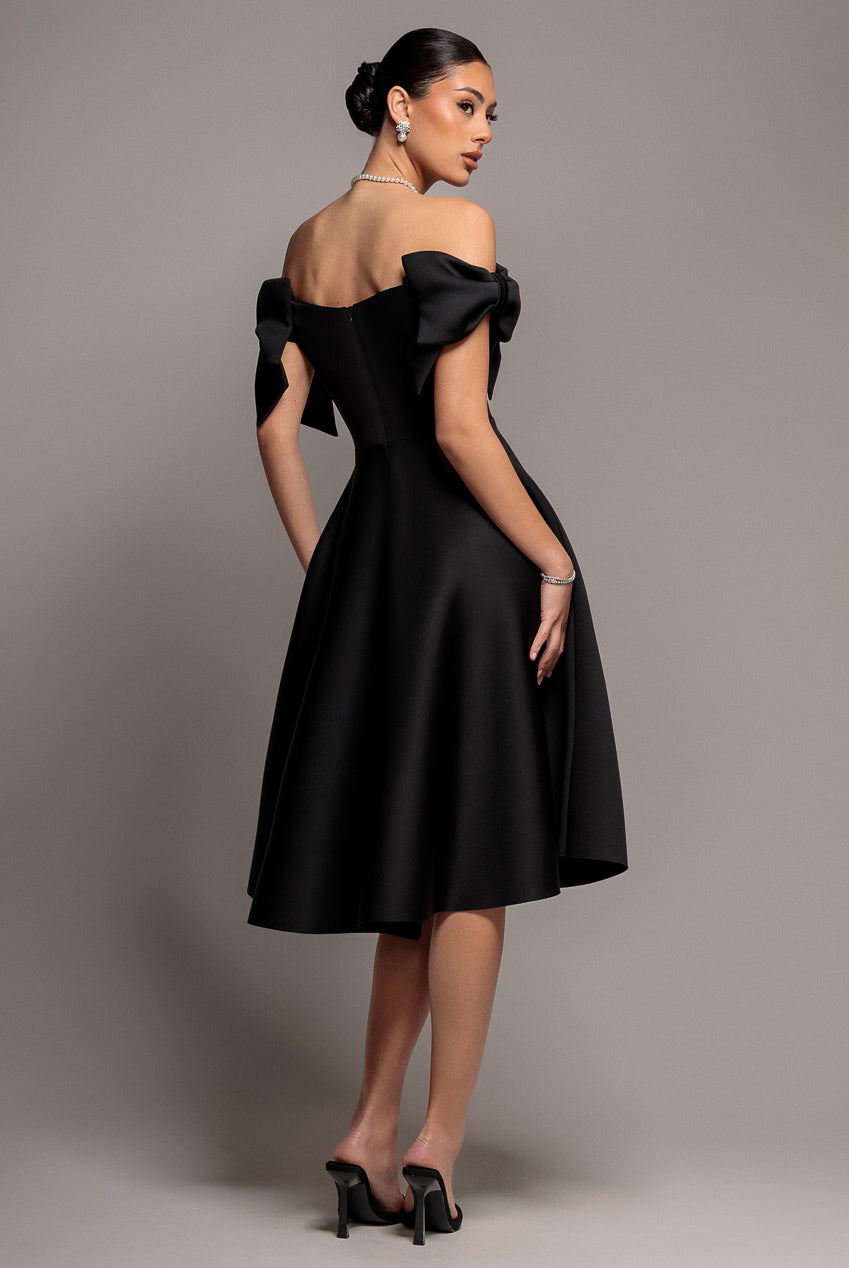 Bardot Plunge Neck Bow Sleeve A Line Midi Dress - Black DR5124