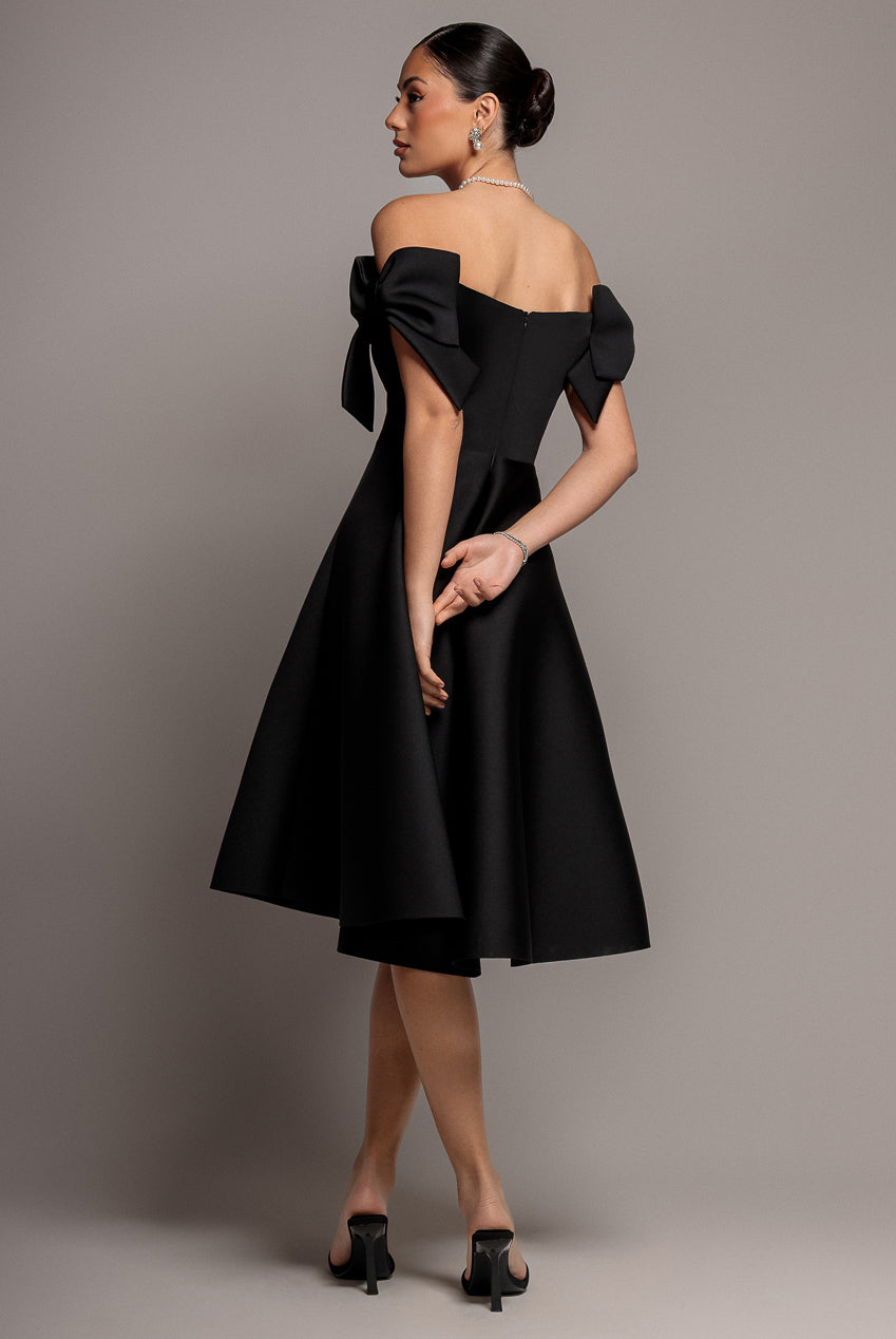 Bardot Plunge Neck Bow Sleeve A Line Midi Dress - Black DR5124