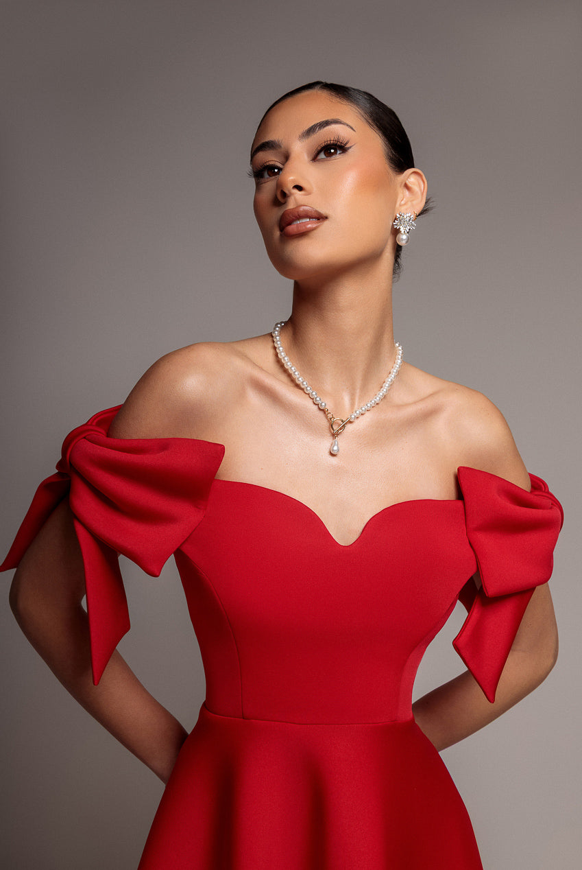 Bardot Plunge Neck Bow Sleeve A Line Midi Dress - Red DR5124