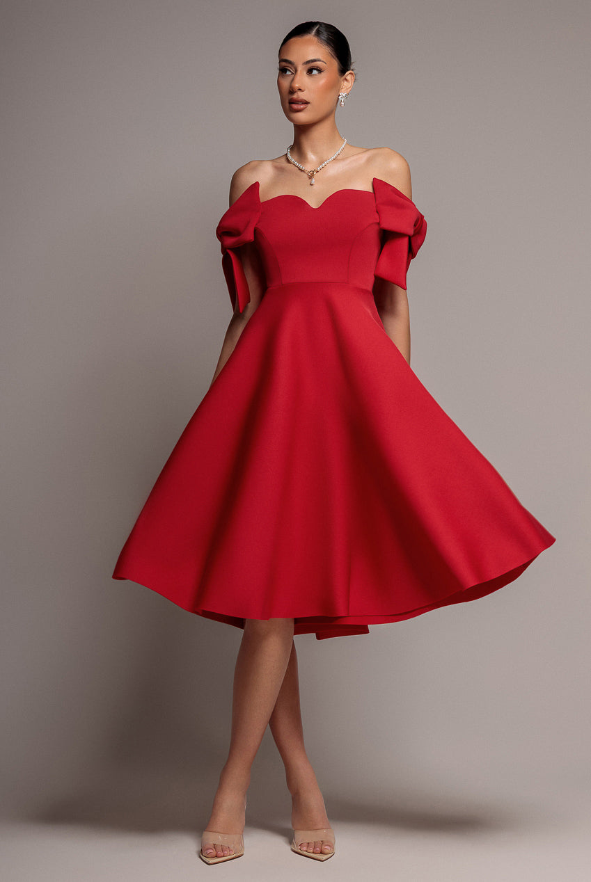 Bardot Plunge Neck Bow Sleeve A Line Midi Dress - Red DR5124