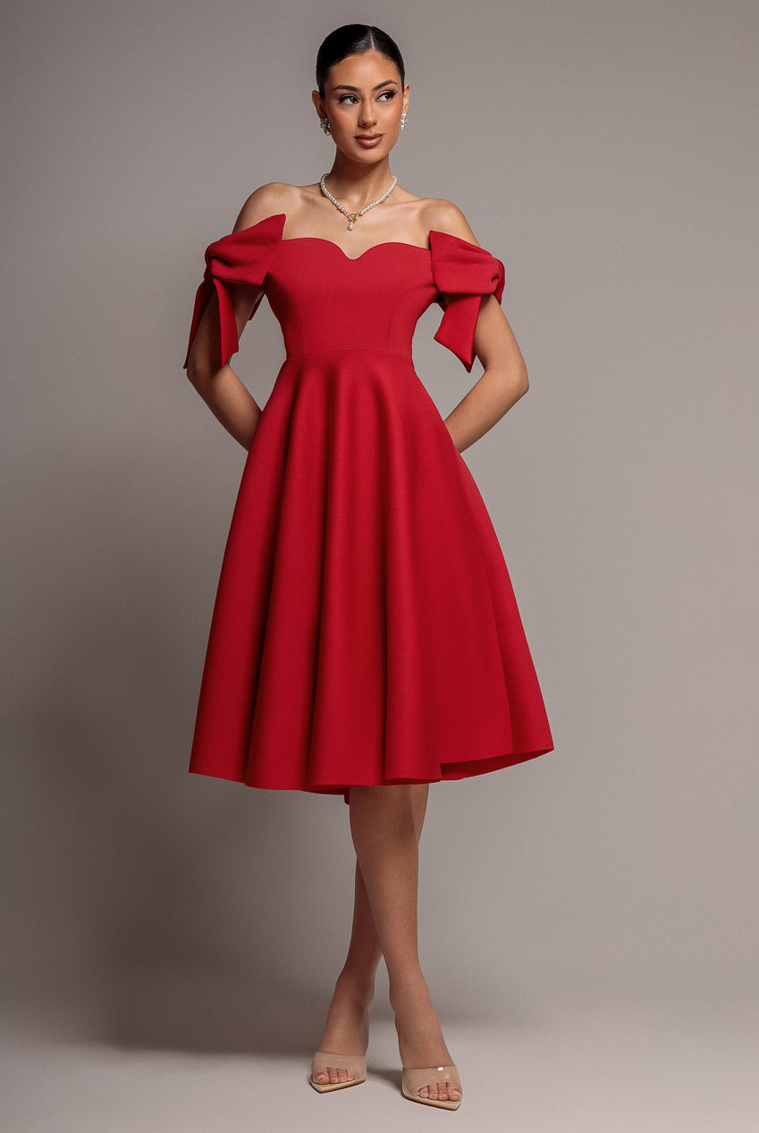 Bardot Plunge Neck Bow Sleeve A Line Midi Dress - Red DR5124