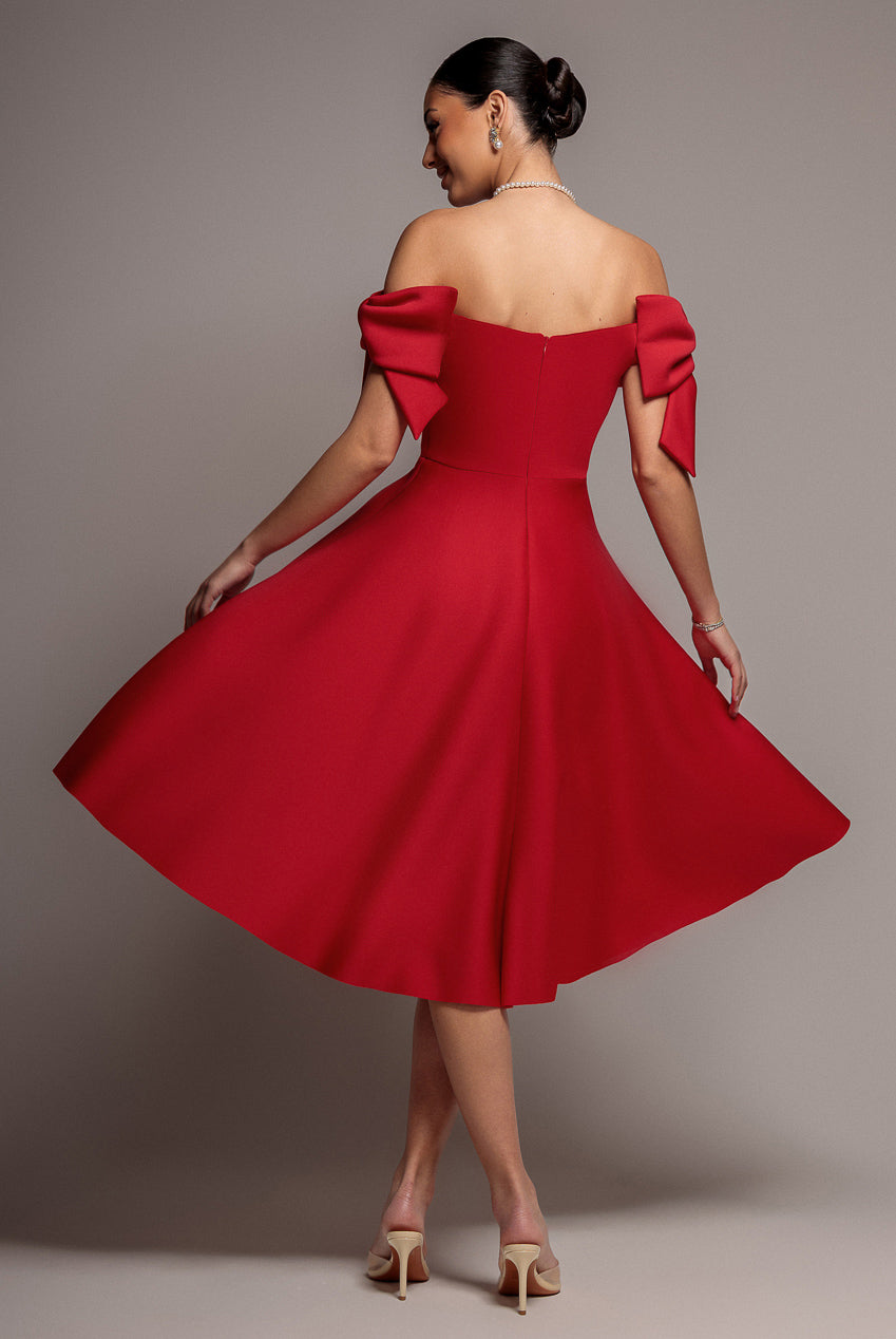 Bardot Plunge Neck Bow Sleeve A Line Midi Dress - Red DR5124