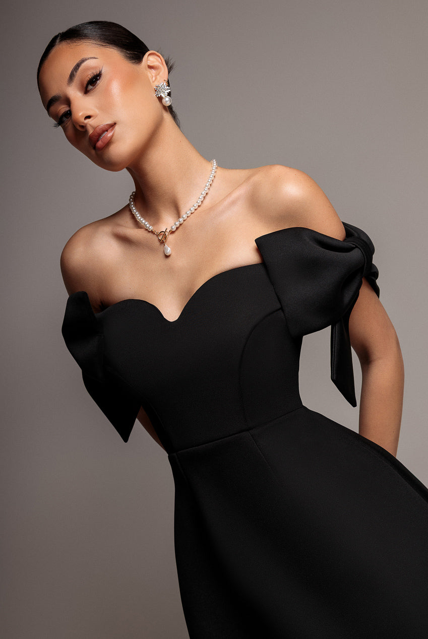 Bardot Plunge Neck Bow Sleeve Skater Mini Dress - Black DR5125