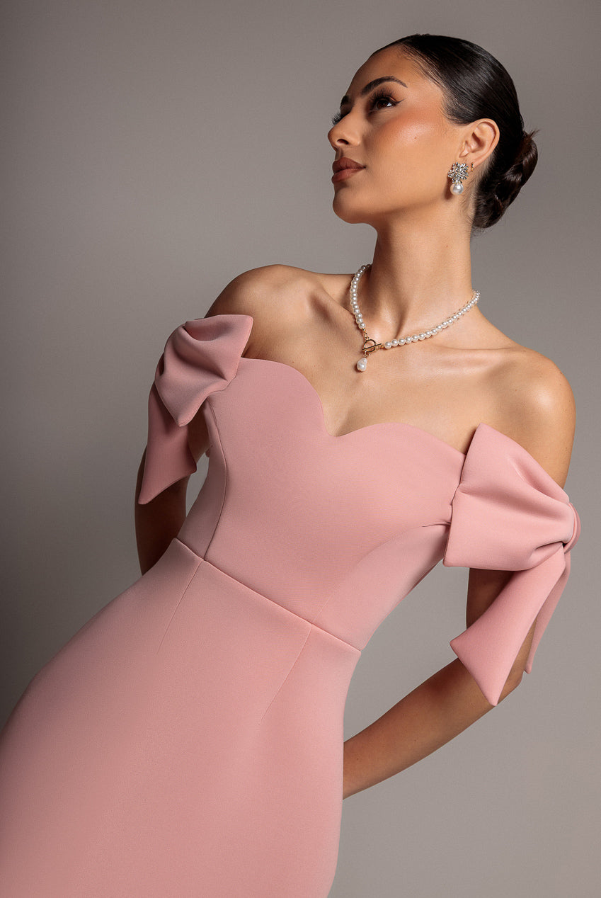 Bardot Plunge Neck Bow Sleeve Skater Mini Dress - Blush Pink DR5125