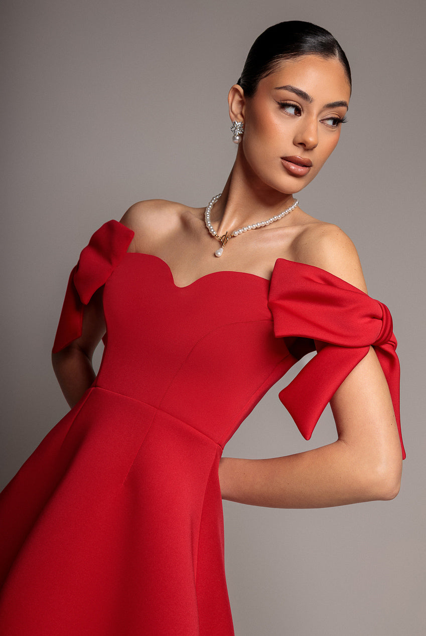 Bardot Plunge Neck Bow Sleeve Skater Mini Dress - Red DR5125