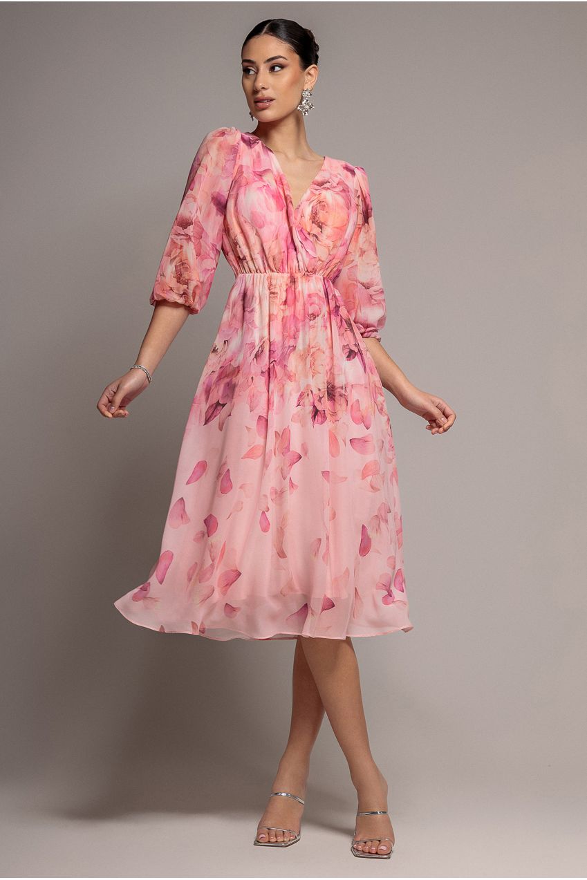 Floral Print Wrap A Line Midi Dress - Blush Pink DR5131
