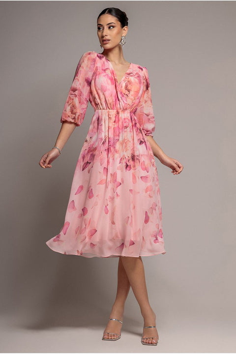 Floral Print Wrap A Line Midi Dress - Blush Pink by Goddiva