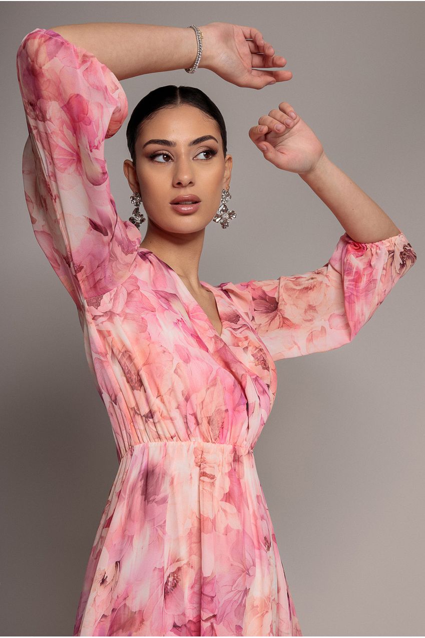 Floral Print Wrap A Line Midi Dress - Blush Pink DR5131