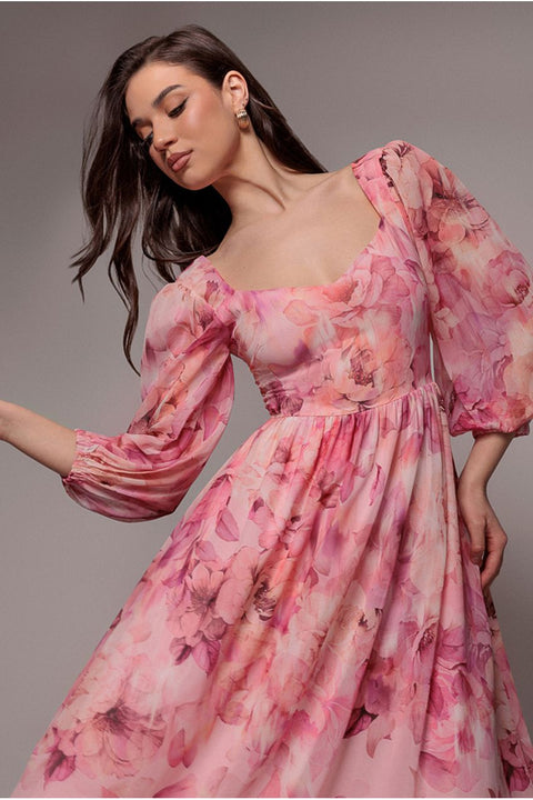 Floral Print Shirred Back A Line Maxi Dress - Blush Pink by Goddiva