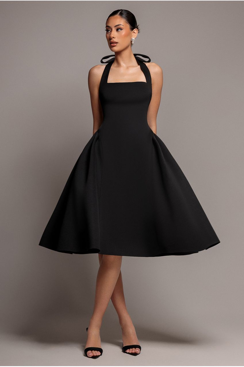 Corset Fit And Flare Halter Neck Midi Dress - Black DR5134