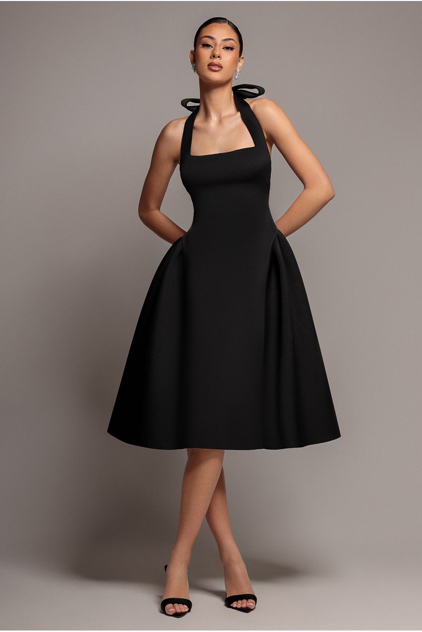 Corset Fit And Flare Halter Neck Midi Dress - Black DR5134