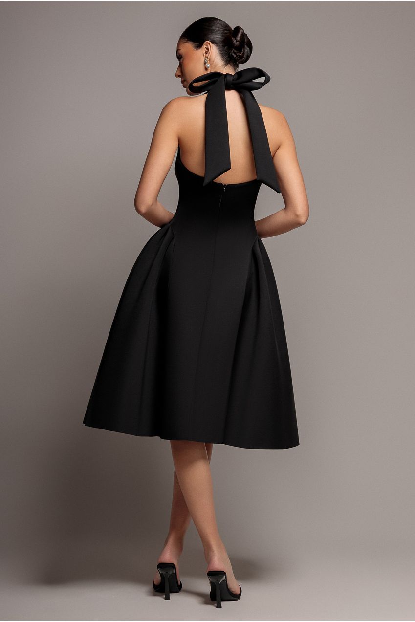 Corset Fit And Flare Halter Neck Midi Dress - Black DR5134