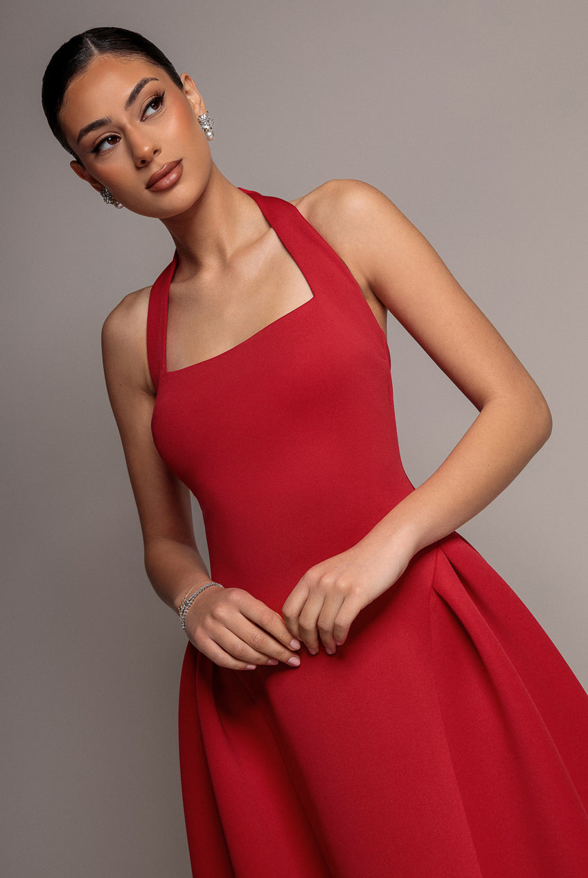 Corset Fit And Flare Halter Neck Midi Dress - Red DR5134