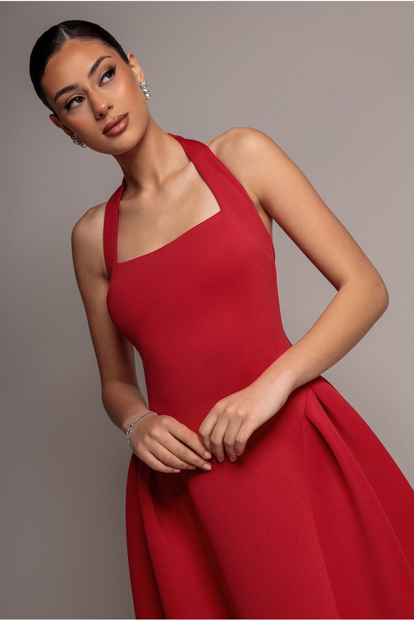 Corset Fit And Flare Halter Neck Midi Dress - Red DR5134