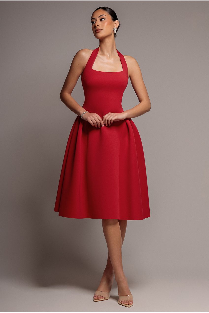 Corset Fit And Flare Halter Neck Midi Dress - Red DR5134