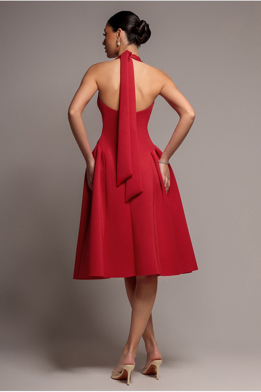 Corset Fit And Flare Halter Neck Midi Dress - Red DR5134