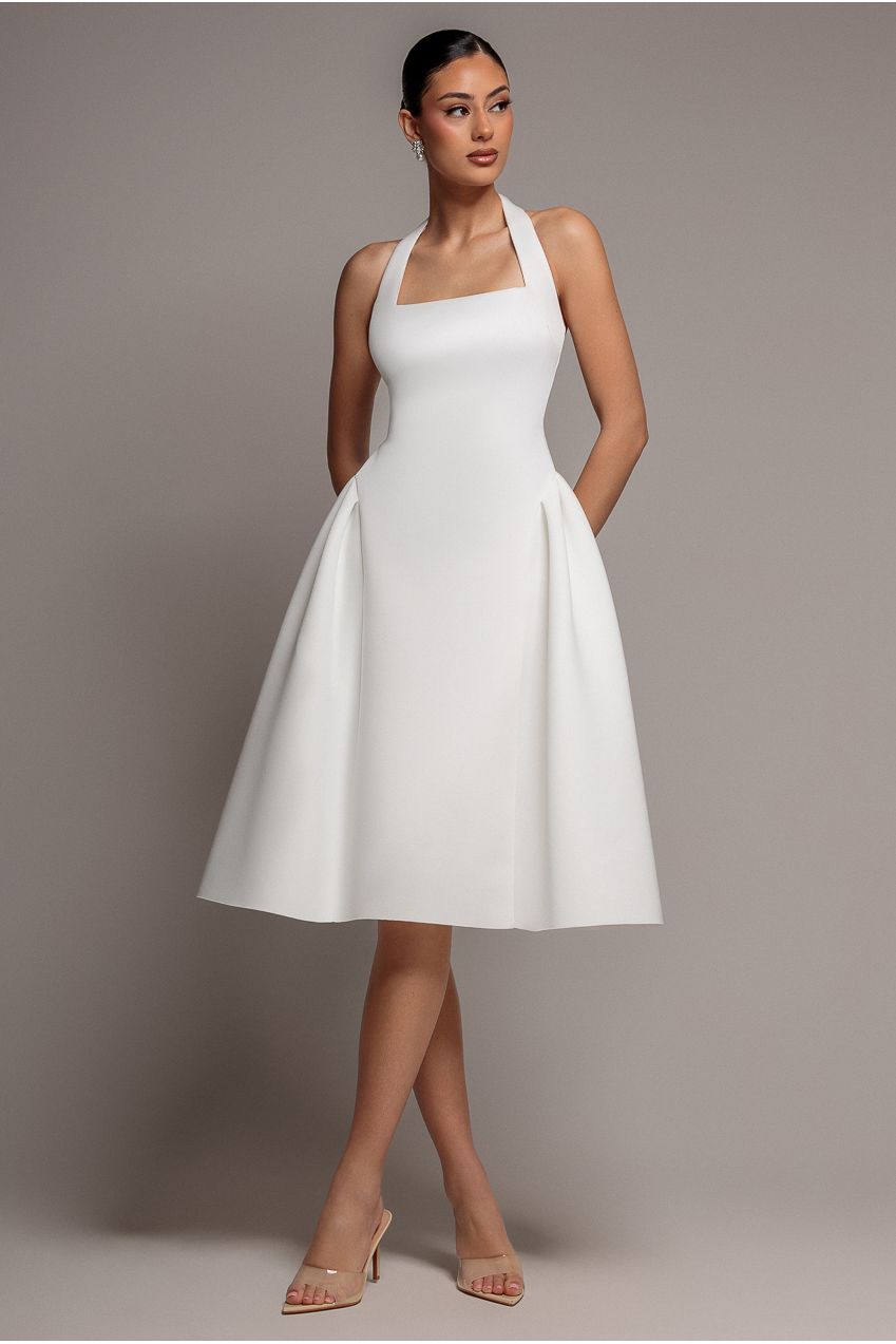 Corset Fit And Flare Halter Neck Midi Dress - White DR5134
