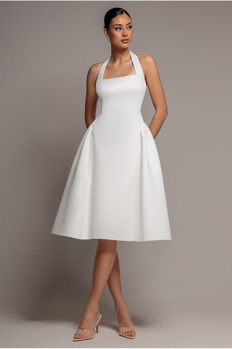Corset Fit And Flare Halter Neck Midi Dress - White by Goddiva